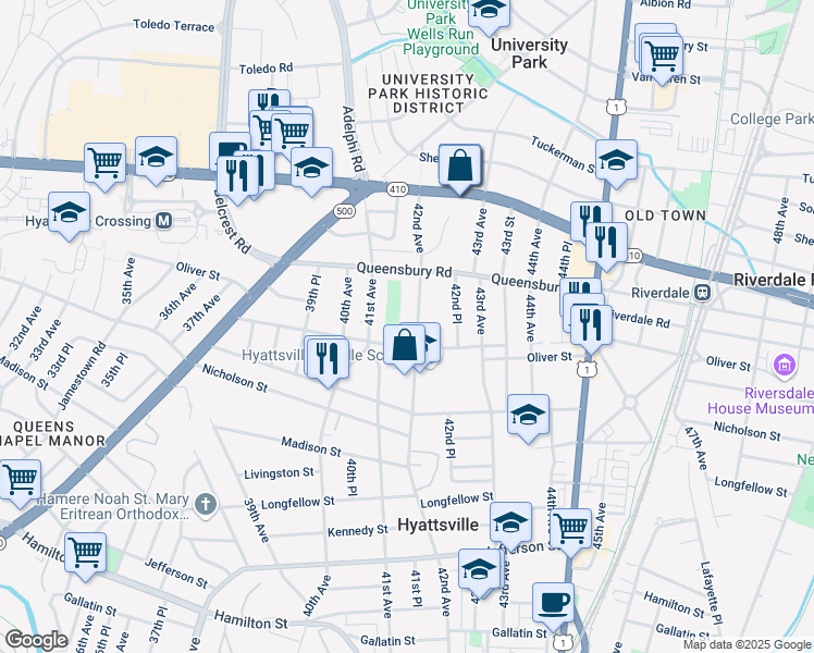 map of restaurants, bars, coffee shops, grocery stores, and more near 6108 42nd Avenue in Hyattsville