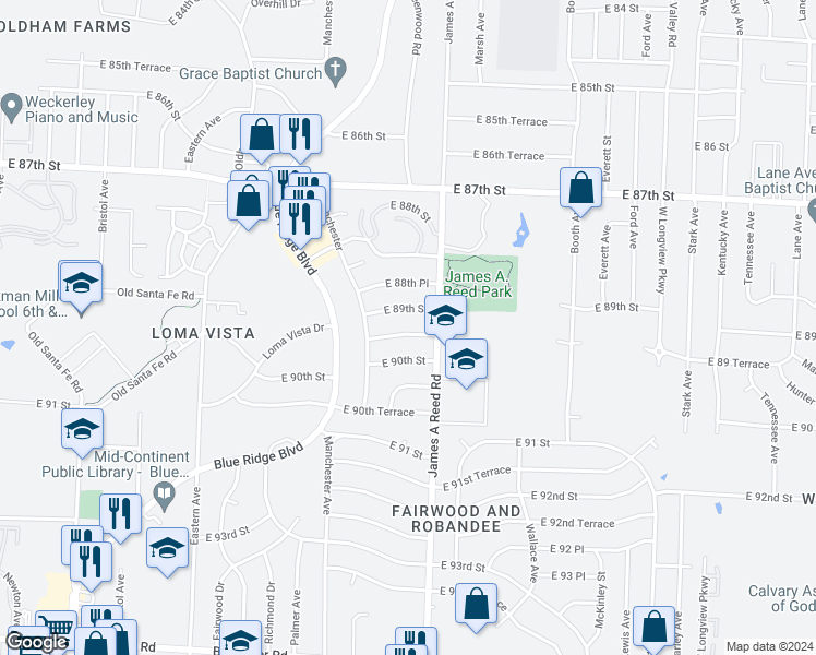 map of restaurants, bars, coffee shops, grocery stores, and more near 8004 East 89th Terrace in Kansas City