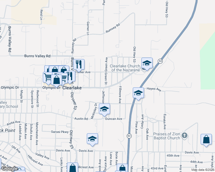 map of restaurants, bars, coffee shops, grocery stores, and more near 3429 Green Avenue in Clearlake
