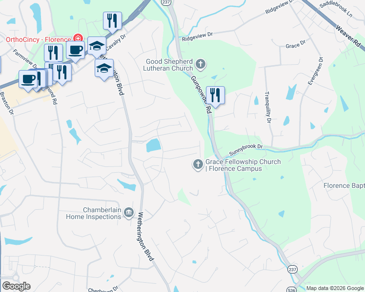 map of restaurants, bars, coffee shops, grocery stores, and more near 1426 Taramore Drive in Florence