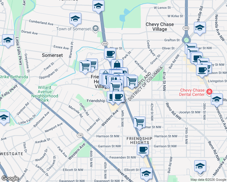 map of restaurants, bars, coffee shops, grocery stores, and more near 4445 Willard Avenue in Chevy Chase
