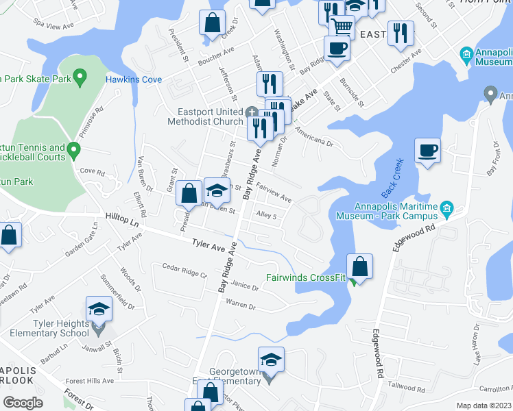map of restaurants, bars, coffee shops, grocery stores, and more near 2 Highland Avenue in Annapolis