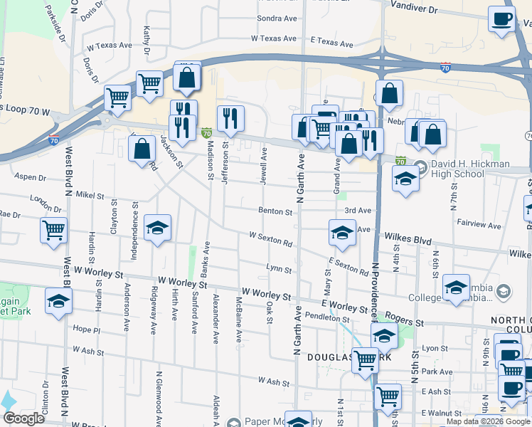 map of restaurants, bars, coffee shops, grocery stores, and more near 906 Jewell Avenue in Columbia