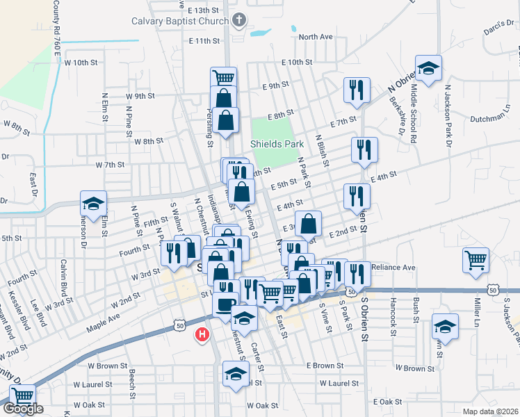 map of restaurants, bars, coffee shops, grocery stores, and more near 401 East 4th Street Road in Seymour