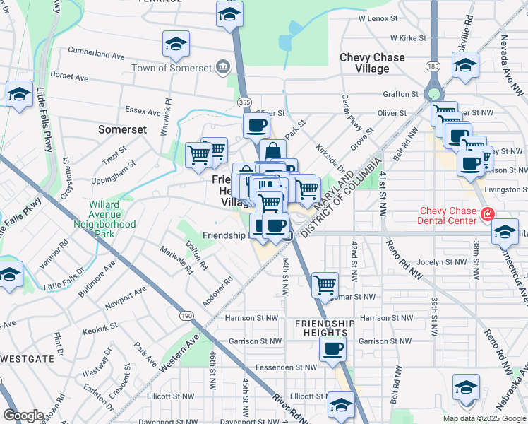 map of restaurants, bars, coffee shops, grocery stores, and more near 4445 Willard Avenue in Chevy Chase