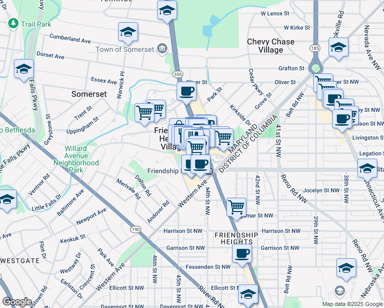 map of restaurants, bars, coffee shops, grocery stores, and more near 4445 Willard Avenue in Chevy Chase
