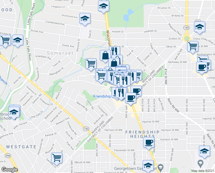 map of restaurants, bars, coffee shops, grocery stores, and more near Willard Ave & Friendship Blvd in Friendship Village