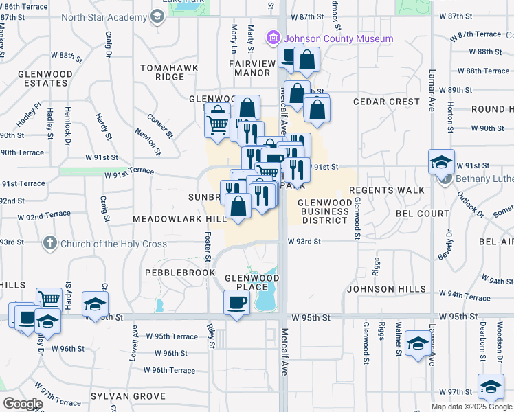 map of restaurants, bars, coffee shops, grocery stores, and more near 9228 Metcalf Avenue in Overland Park