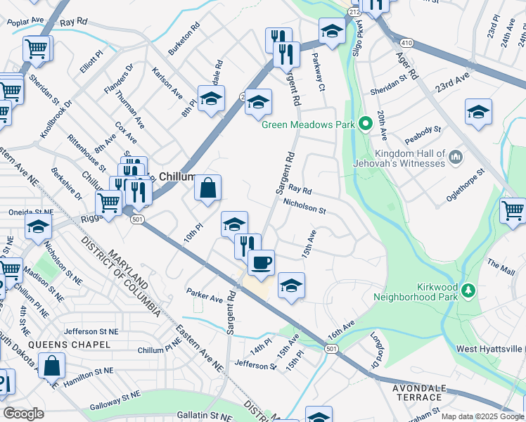map of restaurants, bars, coffee shops, grocery stores, and more near 5902 Sargent Road in Hyattsville