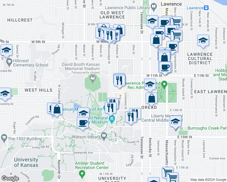map of restaurants, bars, coffee shops, grocery stores, and more near 709 West 12th Street in Lawrence