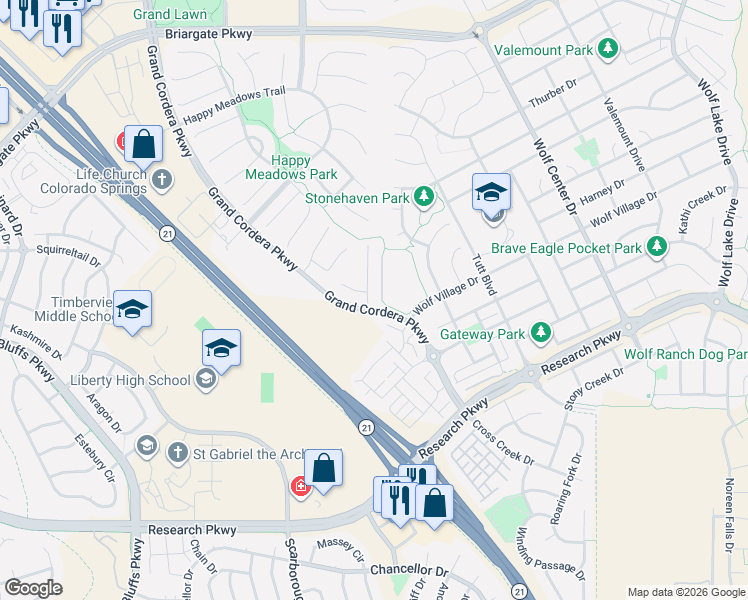 map of restaurants, bars, coffee shops, grocery stores, and more near 9027 Kennebec Pass Trail in Colorado Springs
