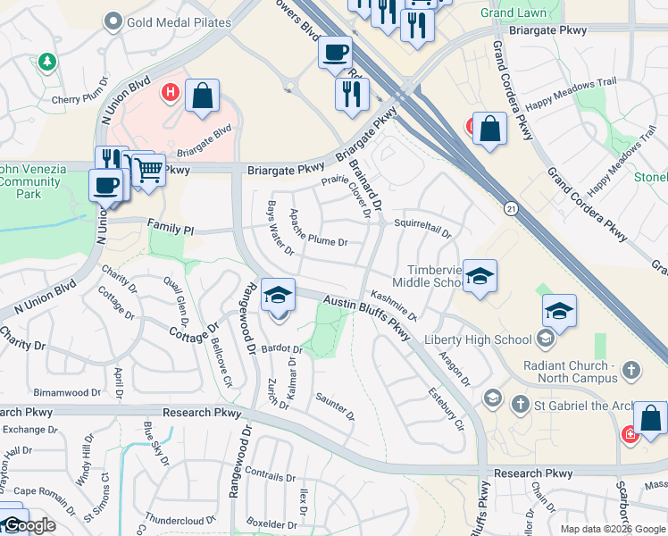 map of restaurants, bars, coffee shops, grocery stores, and more near 4348 Bays Water Drive in Colorado Springs