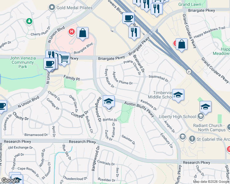 map of restaurants, bars, coffee shops, grocery stores, and more near 4295 Bays Water Drive in Colorado Springs