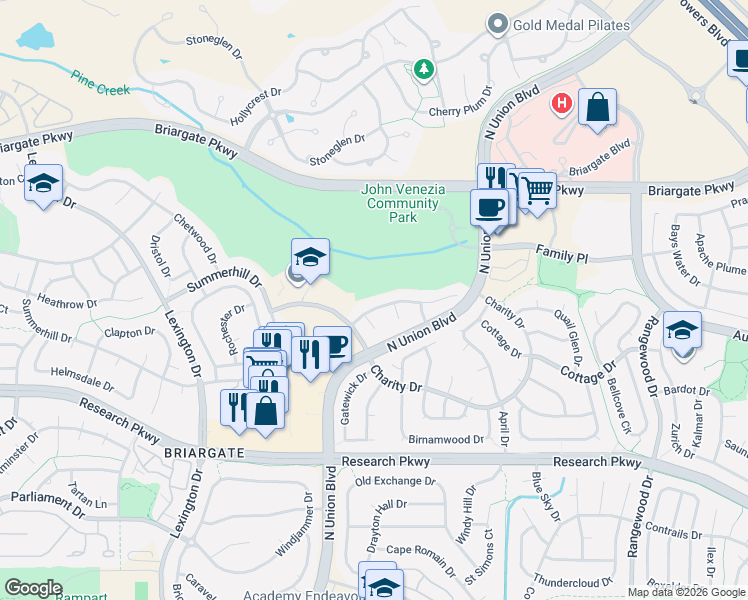 map of restaurants, bars, coffee shops, grocery stores, and more near 3536 Shady Rock Drive in Colorado Springs