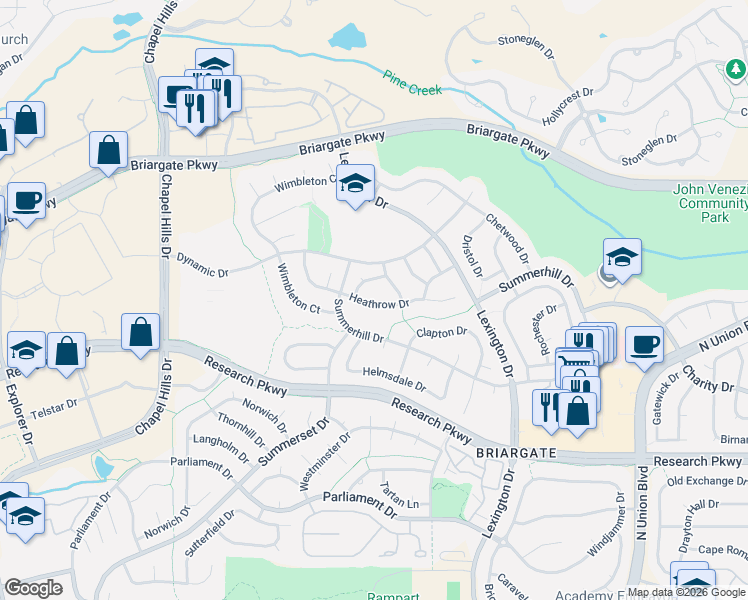 map of restaurants, bars, coffee shops, grocery stores, and more near 9030 Troon Way in Colorado Springs