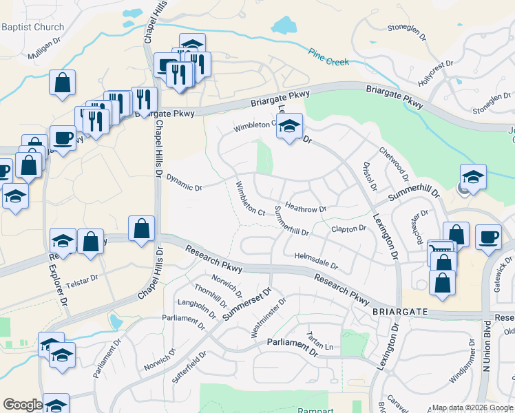 map of restaurants, bars, coffee shops, grocery stores, and more near 2575 Heathrow Drive in Colorado Springs
