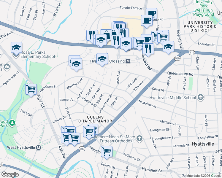 map of restaurants, bars, coffee shops, grocery stores, and more near 101 Independence Avenue Southeast in Washington