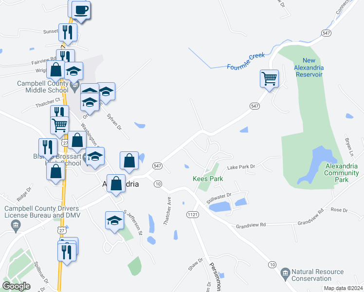 map of restaurants, bars, coffee shops, grocery stores, and more near 8298 Riley Road in Alexandria