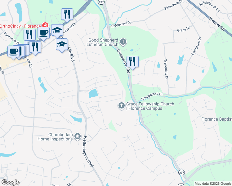 map of restaurants, bars, coffee shops, grocery stores, and more near 1426 Taramore Drive in Florence