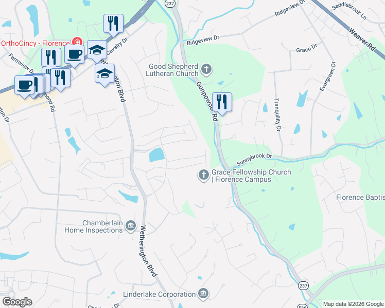 map of restaurants, bars, coffee shops, grocery stores, and more near 1426 Taramore Drive in Florence
