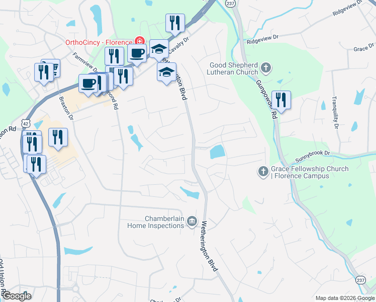 map of restaurants, bars, coffee shops, grocery stores, and more near 9318 Hardwicke Lane in Florence