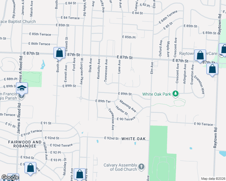 map of restaurants, bars, coffee shops, grocery stores, and more near 8921 East 88th Terrace in Kansas City