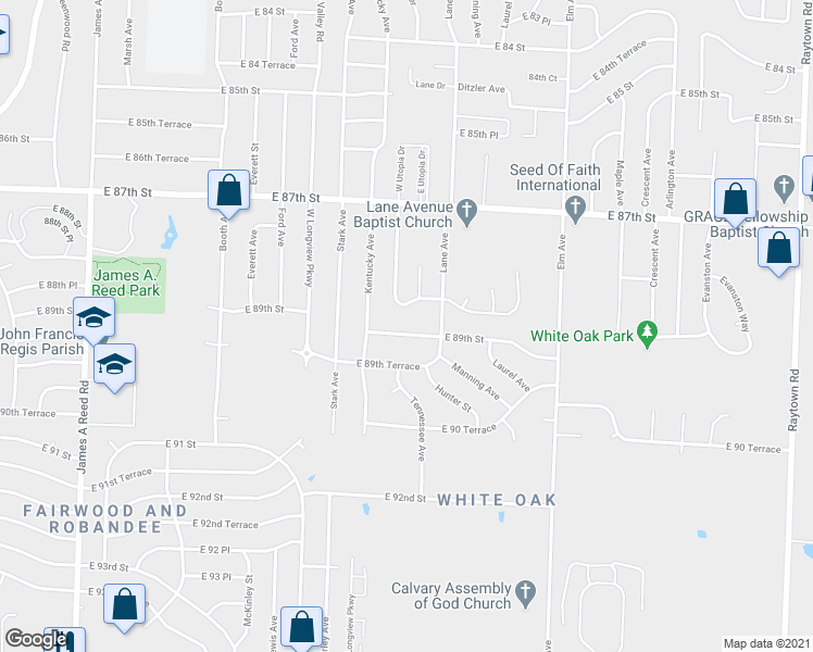 map of restaurants, bars, coffee shops, grocery stores, and more near 8921 East 88th Terrace in Kansas City