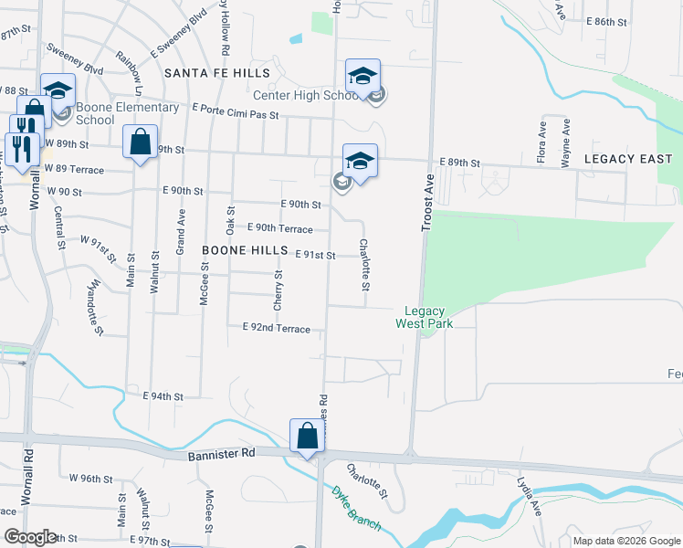 map of restaurants, bars, coffee shops, grocery stores, and more near 9101 Holmes Road in Kansas City