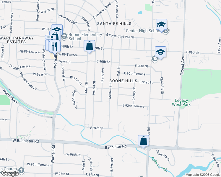 map of restaurants, bars, coffee shops, grocery stores, and more near 9107 McGee Street in Kansas City