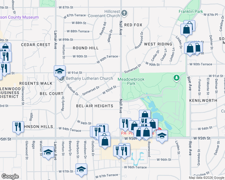 map of restaurants, bars, coffee shops, grocery stores, and more near 5512 West 92nd Street in Overland Park