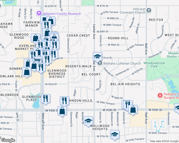map of restaurants, bars, coffee shops, grocery stores, and more near 9115 Walmer Street in Overland Park