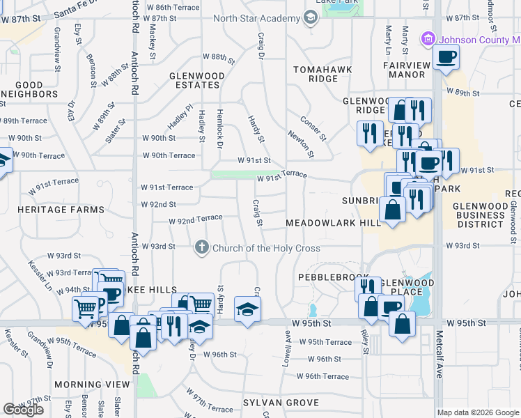 map of restaurants, bars, coffee shops, grocery stores, and more near 7929 West 92nd Street in Overland Park