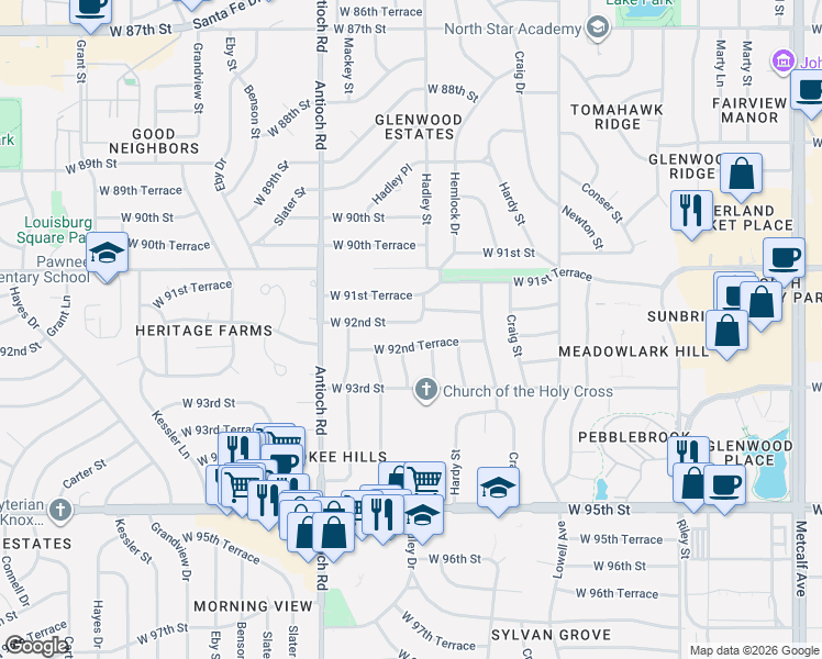 map of restaurants, bars, coffee shops, grocery stores, and more near 8312 West 92nd Street in Overland Park