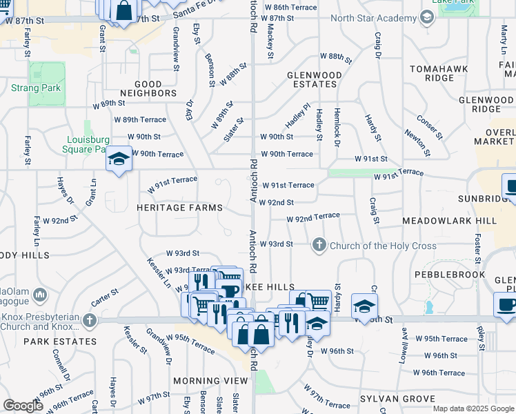 map of restaurants, bars, coffee shops, grocery stores, and more near 8616 West 92nd Street in Overland Park