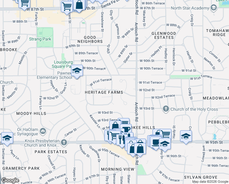 map of restaurants, bars, coffee shops, grocery stores, and more near 8812 West 92nd Street in Overland Park