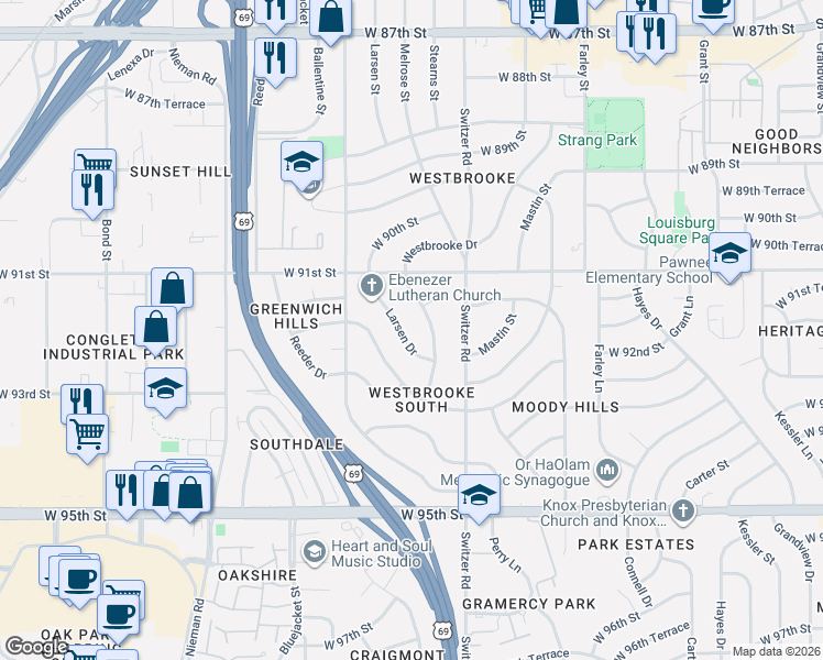map of restaurants, bars, coffee shops, grocery stores, and more near 9120 Westbrooke Drive in Overland Park