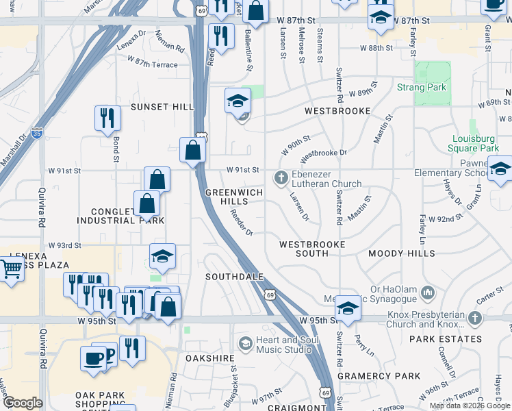 map of restaurants, bars, coffee shops, grocery stores, and more near 9140 Goddard in Overland Park