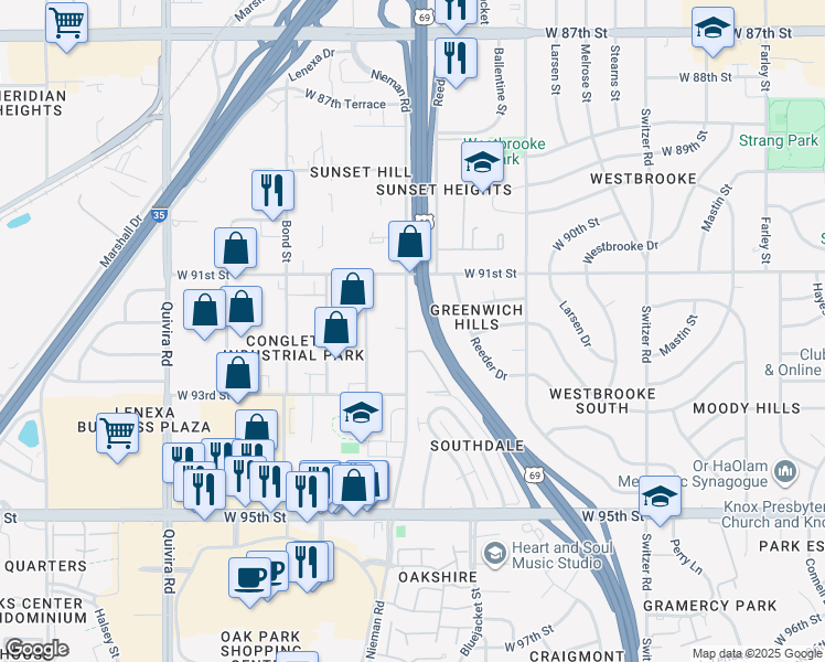 map of restaurants, bars, coffee shops, grocery stores, and more near 9120 Nieman Road in Overland Park