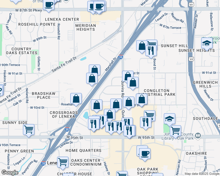 map of restaurants, bars, coffee shops, grocery stores, and more near 11928 West 92nd Street in Lenexa