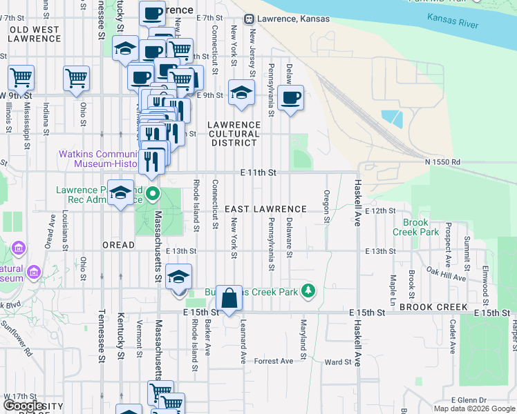 map of restaurants, bars, coffee shops, grocery stores, and more near 1133 Pennsylvania Street in Lawrence