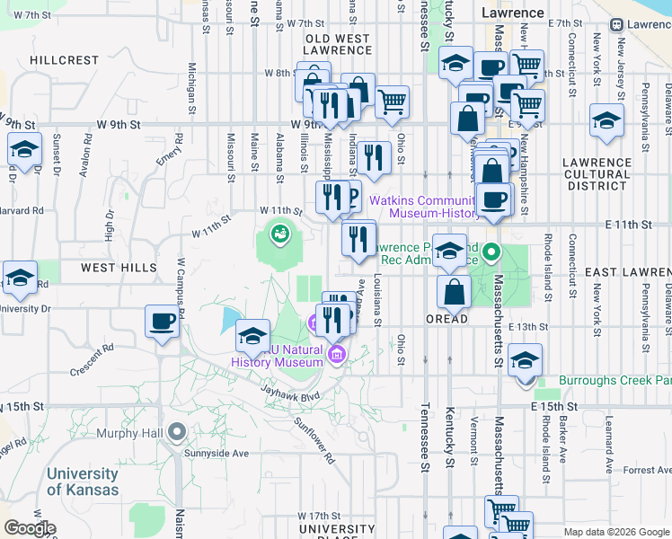 map of restaurants, bars, coffee shops, grocery stores, and more near 1134 Mississippi Street in Lawrence