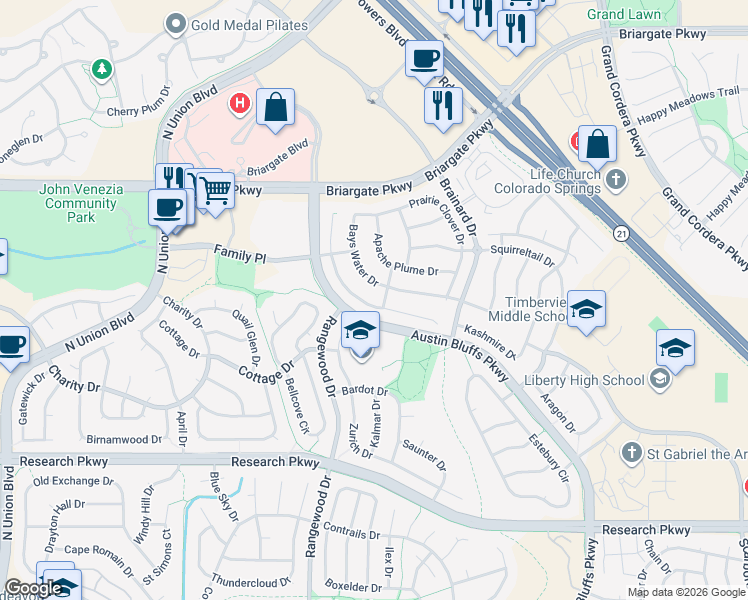 map of restaurants, bars, coffee shops, grocery stores, and more near 4278 Morning Glory Road in Colorado Springs
