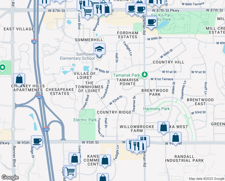 map of restaurants, bars, coffee shops, grocery stores, and more near 9132 Hall Drive in Lenexa