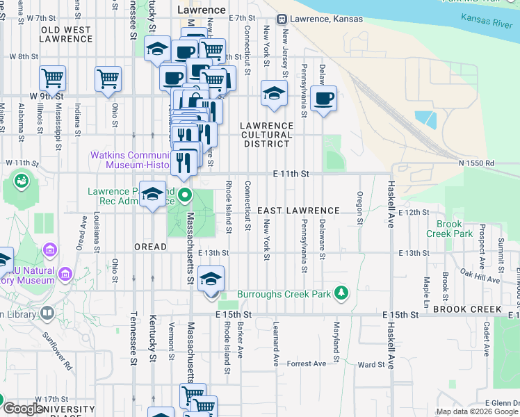 map of restaurants, bars, coffee shops, grocery stores, and more near 1132 Connecticut Street in Lawrence