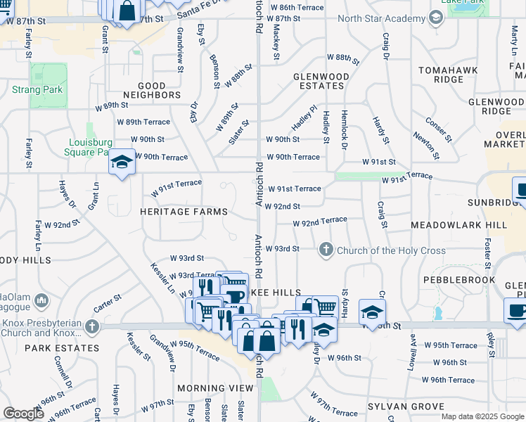 map of restaurants, bars, coffee shops, grocery stores, and more near 8616 West 92nd Street in Overland Park