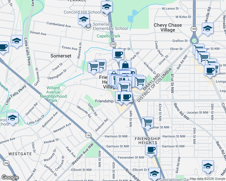 map of restaurants, bars, coffee shops, grocery stores, and more near 5400 The Hills Plaza in Chevy Chase