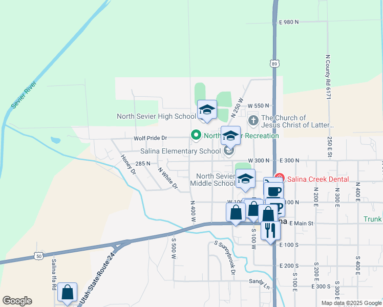 map of restaurants, bars, coffee shops, grocery stores, and more near 328 North 400 West in Salina