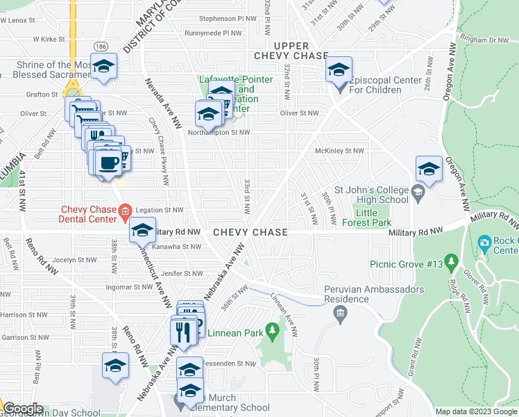 map of restaurants, bars, coffee shops, grocery stores, and more near 5424 Nebraska Avenue Northwest in Washington