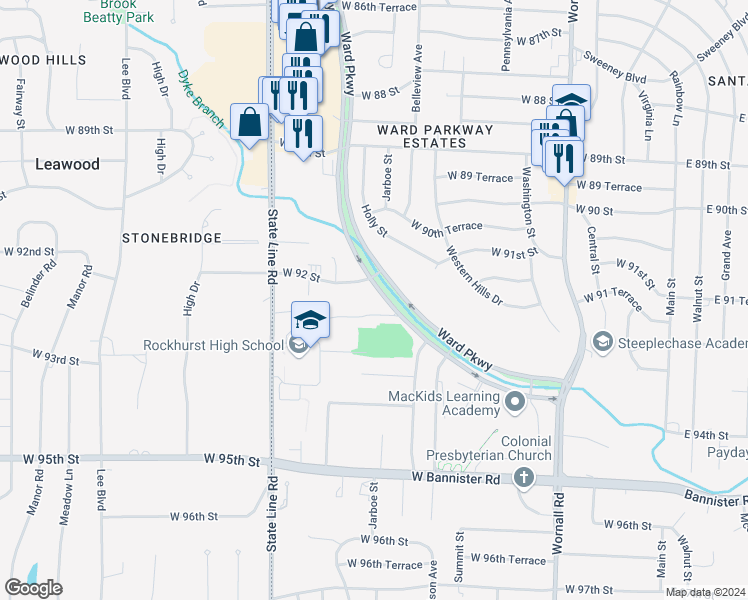 map of restaurants, bars, coffee shops, grocery stores, and more near 9200 Ward Parkway in Kansas City