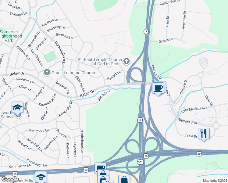 map of restaurants, bars, coffee shops, grocery stores, and more near 12917 Kendale Lane in Bowie